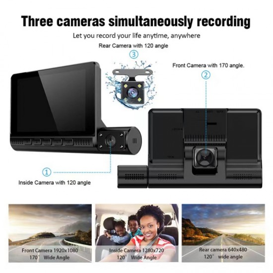 OSL-2019-L909-3-TP 4.0 Inch 1080P Rotatable Lens Triple Recording Camera HD Night Vision Dash Cam, Reverse Image Car Front Rear Interior Camera