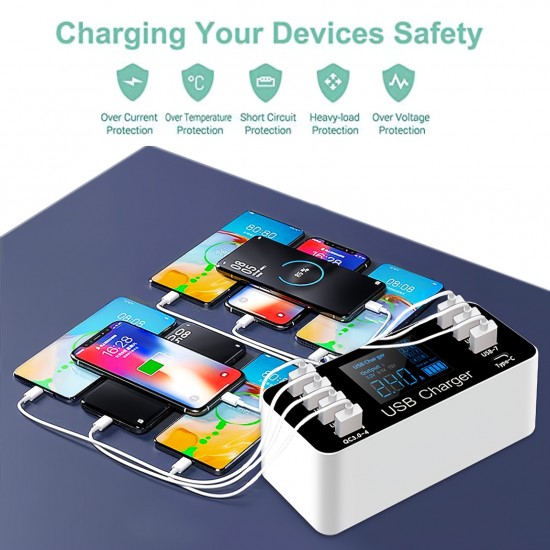 60W 8 Ports USB Fast Charging 3.0 QC Fast Charging Station And PD20W Fast Charging  Charger Compatible With All Smartphones And IPhone/ipad/Samsung/Android/Camera/MP3/MP4/Other USB Devices, Black And White.