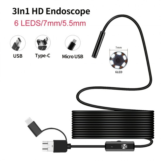 Endoscope Camera Mini Adjustable Soft Hard Wire Waterproof IP67 6 LEDS 7mm Automotive Endoscope Camera For Android USB Phone PC (Not Support ISO/Apple Phone)