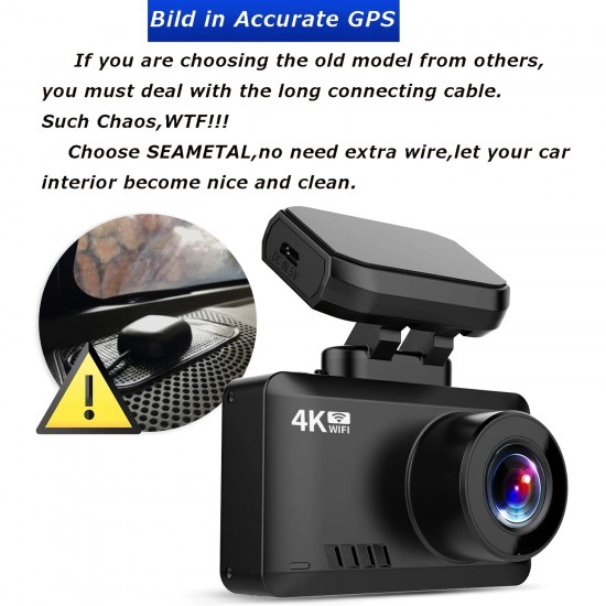 4K Dual Dash Cam, Built-in WiFi GPS 2160P+1080P Dash Camera Support Playback Moving Track In APP Night Vision With 32GC10 High-speed TF Card