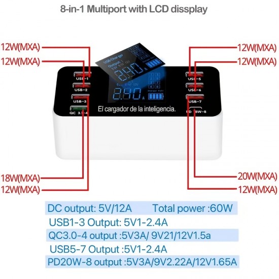 60W 8 Ports USB Fast Charging 3.0 QC Fast Charging Station And PD20W Fast Charging  Charger Compatible With All Smartphones And IPhone/ipad/Samsung/Android/Camera/MP3/MP4/Other USB Devices, Black And White.