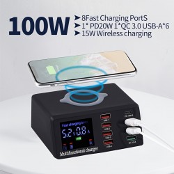 100 W 8-port USB Fast Charger PD 20 W QC 3.0,15 W Fast Wireless Charging,Fast Charging Station Compatible With All Smartphones And IPad, Camera ,headsets/Samsung/Android/Other USB Devices