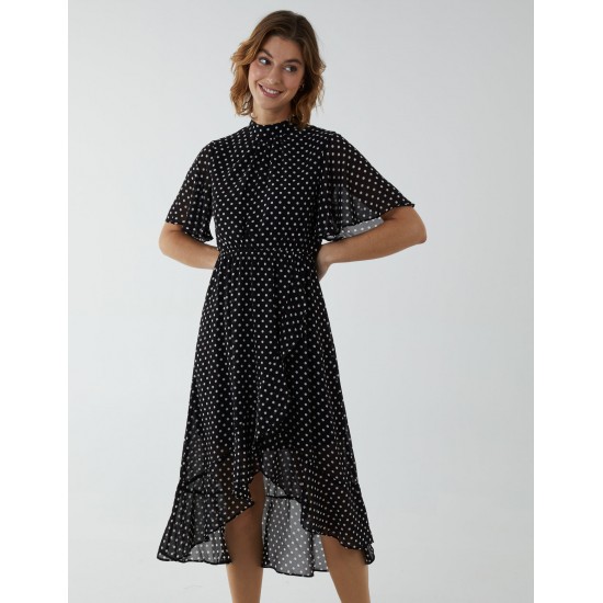 Blouson Wrap Skirt Ruffle Midi Dress