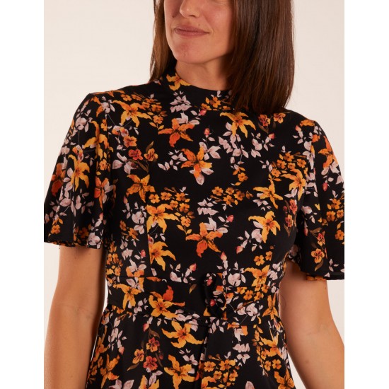 High Neck Angel Sleeve Floral Dress