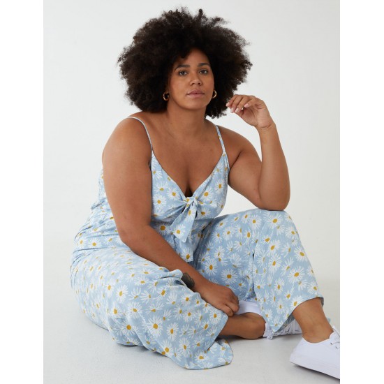 Curve Daisy Print Tie Front Jumpsuit