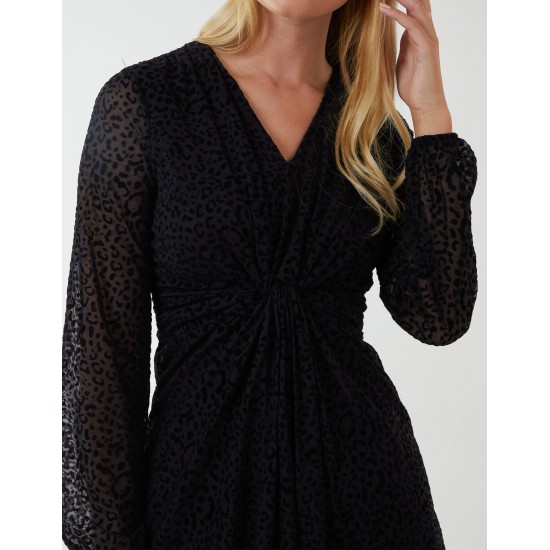 Leopard Print Flocked Knot Front Angel Sleeve Dress