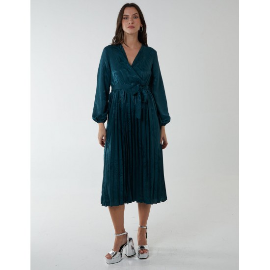 Jacquard Wrap Front Belted Pleated Midi Dress