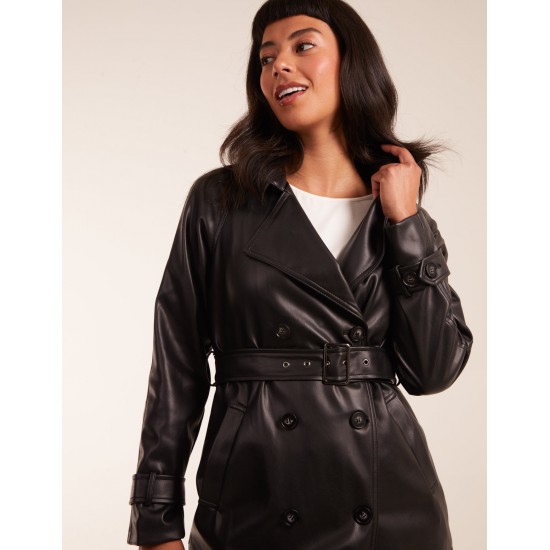 Faux Leather Belted Trench Coat