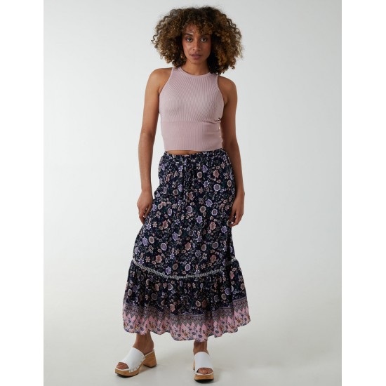 Elasticated Waistband Tiered Midi Skirt