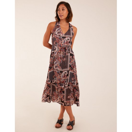 V Front Sleeveless Paisley Midi Dress With Detailed Straps