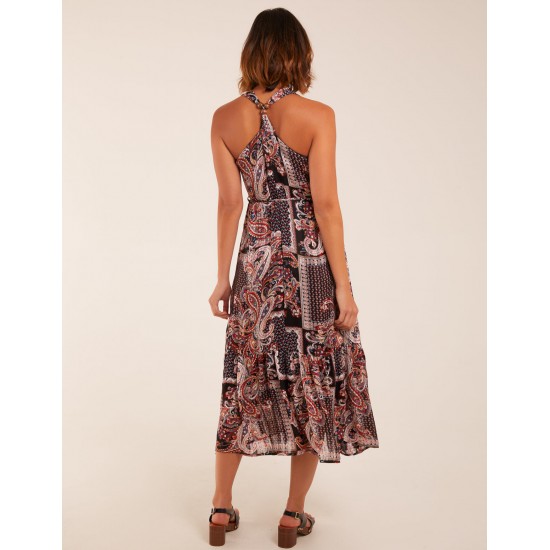 V Front Sleeveless Paisley Midi Dress With Detailed Straps