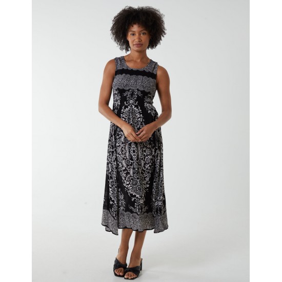 Shirred Print Midi Dress