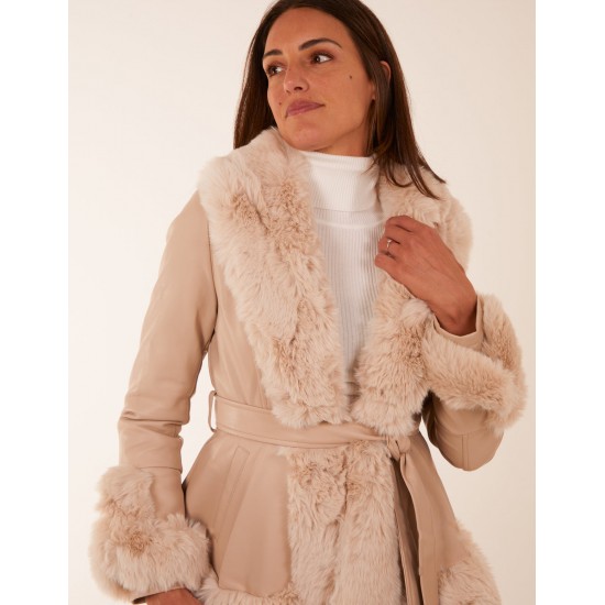 Faux Fur PU Coat With Belt