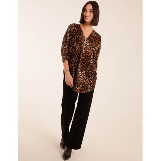 Zip Front Leopard Diamante Tunic Top