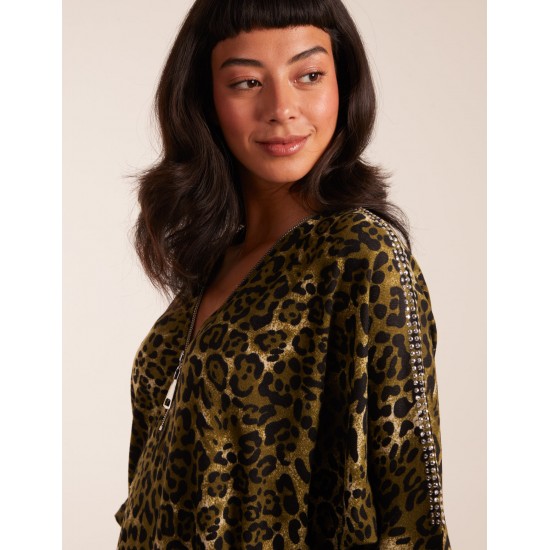 Leopard Zip Front Diamante Tunic Top