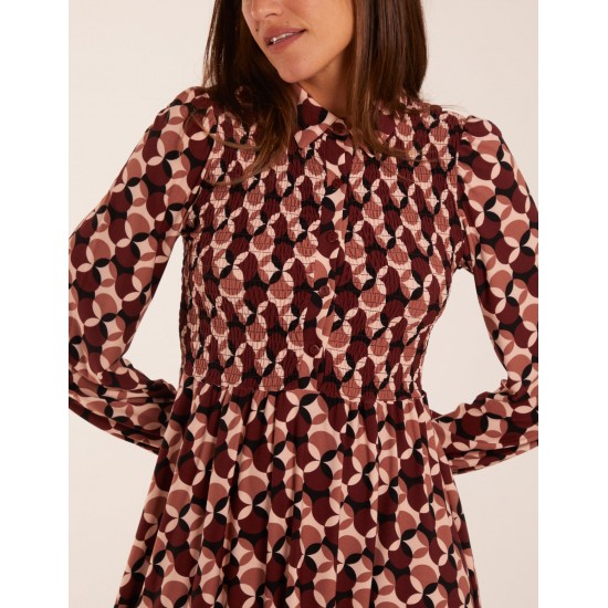 Geometric Print Shirred Bust Long Sleeve Shirt Dress