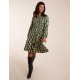 Geometric Print Shirred Bust Long Sleeve Shirt Dress