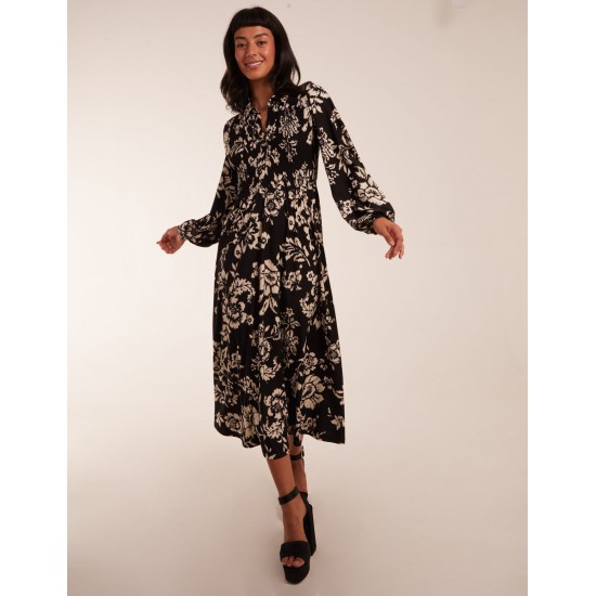 Shirred Bust Long Sleeve Midi Shirt Dress