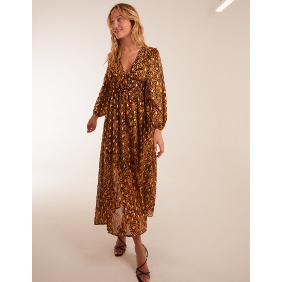 Shirred Waist Animal And Foil Print Maxi Dress