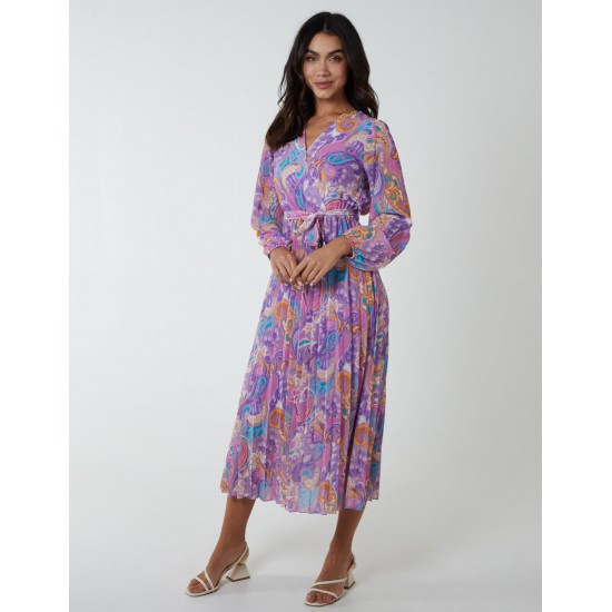 Paisley Wrap Pleated Dress