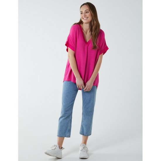 Satin Trim  V Neck Top