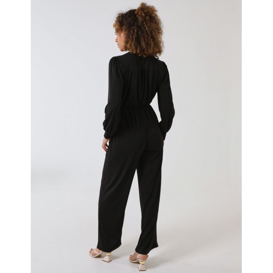 Elasticated Waist Crossover Long Sleeve Jumpsuit