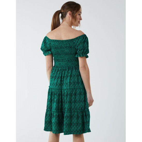 Puff Sleeve Bardot Shirred Dress