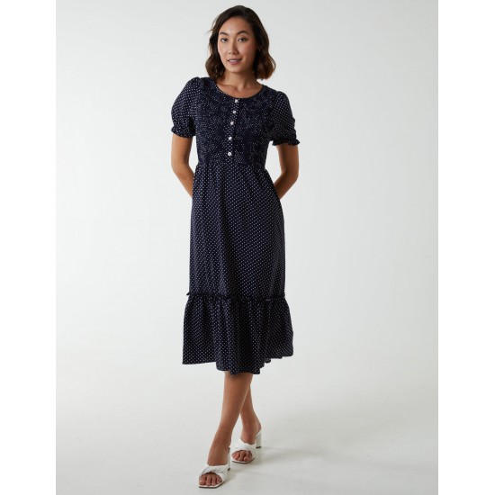 Polkadot Tie Waist Midi Dress