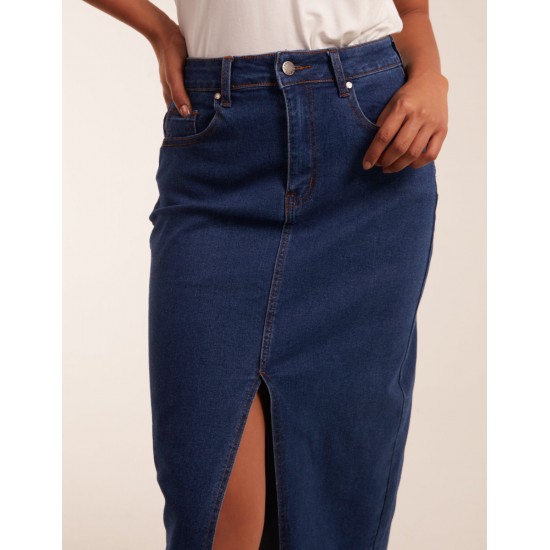 High Rise Denim Midi Skirt