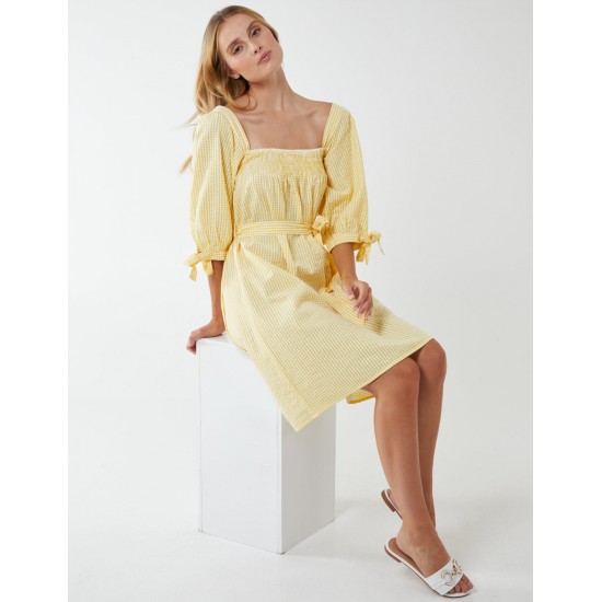 Square Neck Shirred Swing Dress