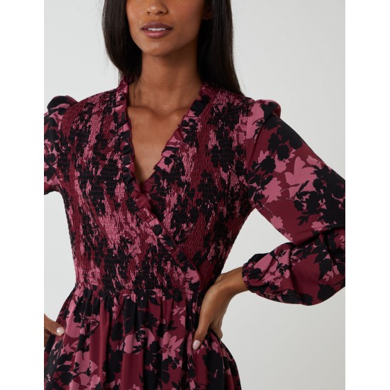 Shirred Bust Wrap Midi Dress