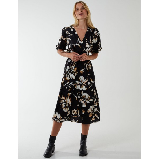 Wrap Front Tier Hem Midi Dress