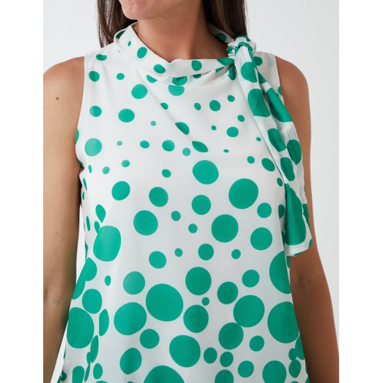 Sleeveless Polka Dot Top With Tie Neck