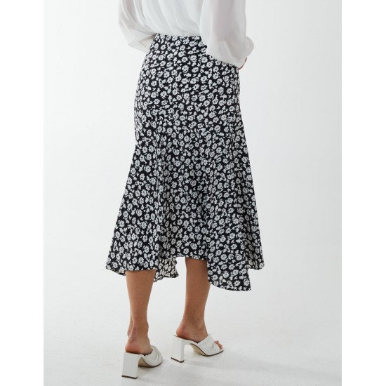 Floral Print Asymmetric Midi Skirt