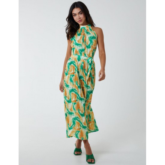 Halterneck Abstract Leaves Maxi Dress