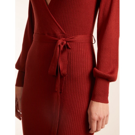 Ribbed V-Neck Tie Wrap Midi Dress