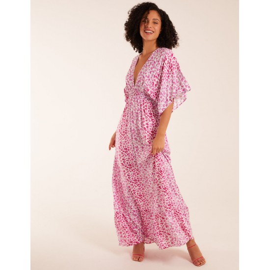 Elasticated Waist Tier Hem Angel Sleeve Maxi Dress