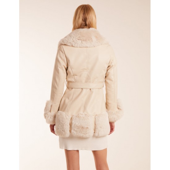 Faux Fur Collar PU Belted Coat