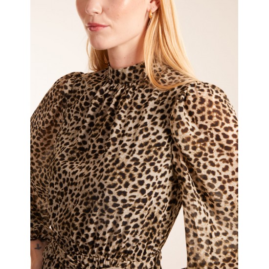 Leopard Print High Neck Wrap Frill Hem Midi Dress