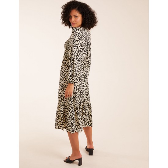 Animal Print Shirred Long Sleeve Midi Dress