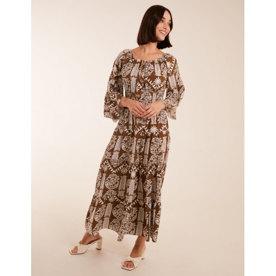 Print Button Front Scoop Neck Maxi Dress