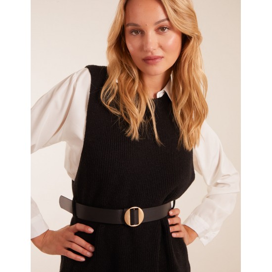 Rib Knit Vest With Blouse With Belt